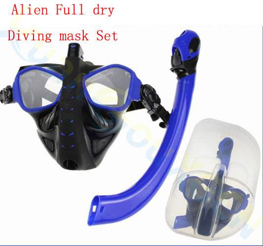 alien adult scuba Diving equipment set silicone full dry Snorkel +diving mask +PP box swimming Goggles glasses Breathing Tube: Alien Blue