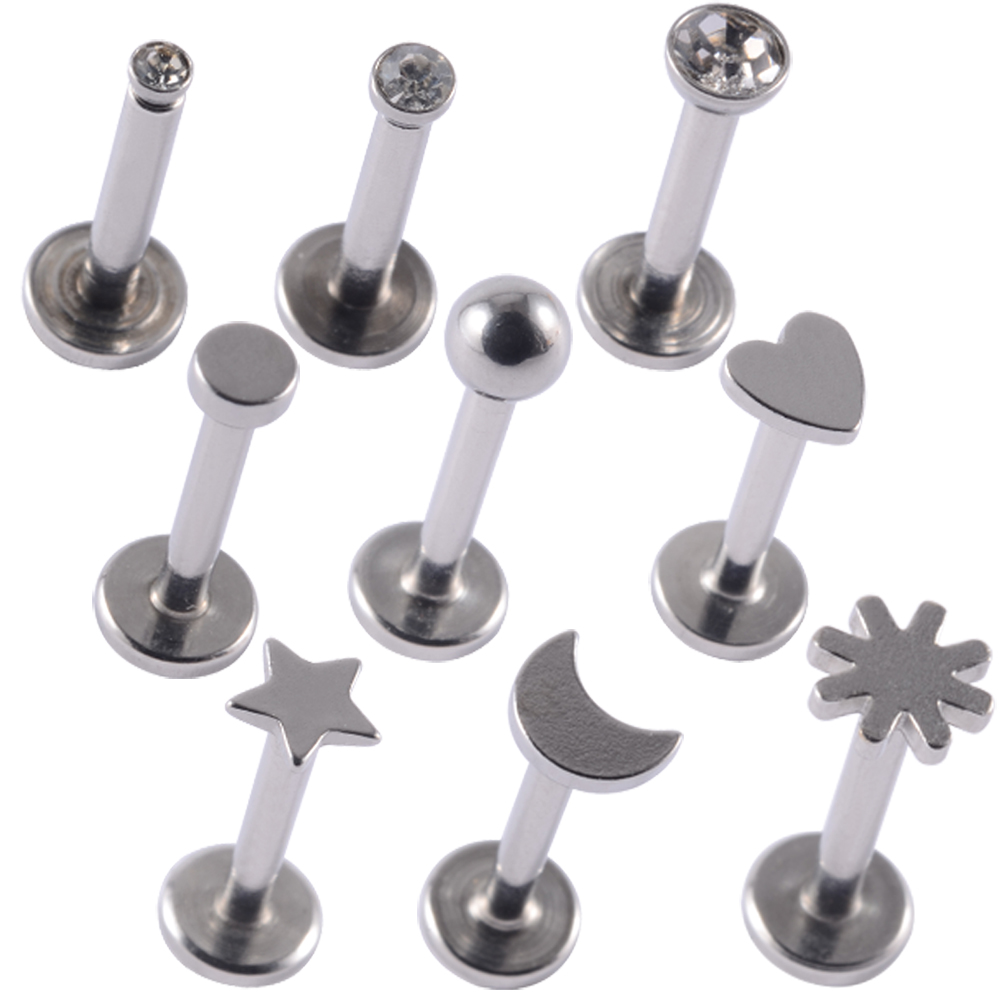 Pendientes de Labret de acero quirúrgico, Piercing de labio de formas mixtas, estrella, Luna, corazón, oreja, cartílago, Tragus, joyería con rosca interna, 9 unidades por lote: Negro / Color amarillo dorado claro