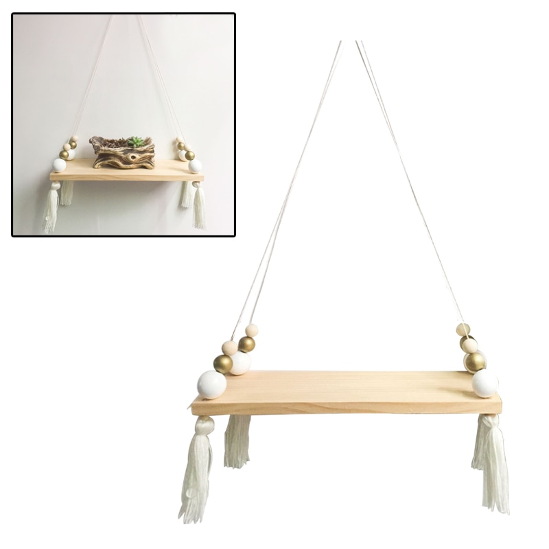 Bedroom Decoration Wall Hanging Ornaments Tassel Beads Pendant Wooden Board Storage Shelf Rack Photo Props Child Kid Room Home
