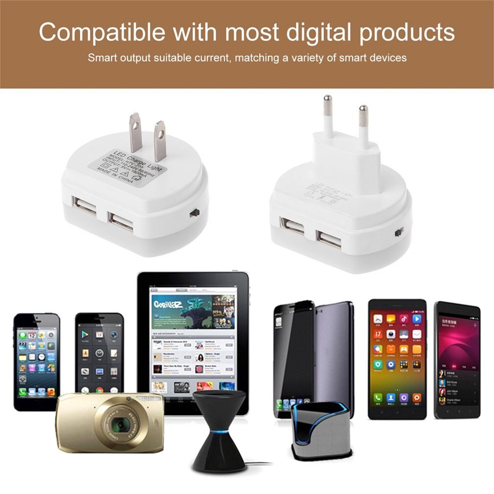 Light Sensor LED Night Light with Dual USB Wall Charger Plug US / EU Plug