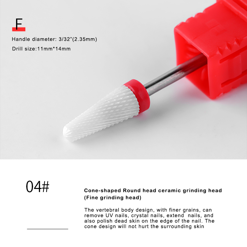 Broca limpiadora de uñas de cerámica blanca, taladro de uñas (arena: mediana), 3/32 ", tamaño de vástago, para limpieza de cutículas, seguridad: 04