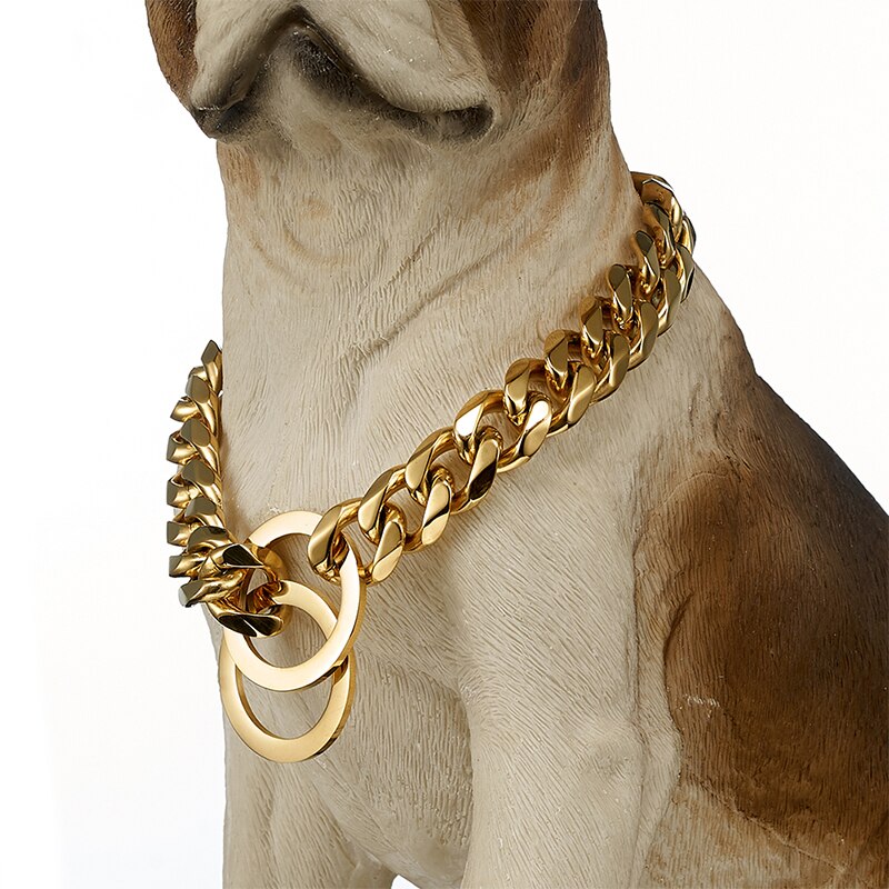 Gold Dog Collar Cuban Link 15mm Width Thick Golden Chain Dog Cat Pets Safety Collar Stainless Steel Pet Dog Accessories