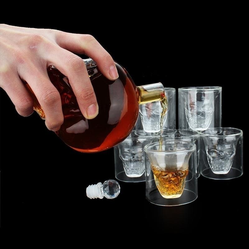 7 pièces/ensemble carafe de visage de crâne en verre avec 6 verres de tir de crâne de 75ml pour le whisky, la Vodka, la bière ou le vin