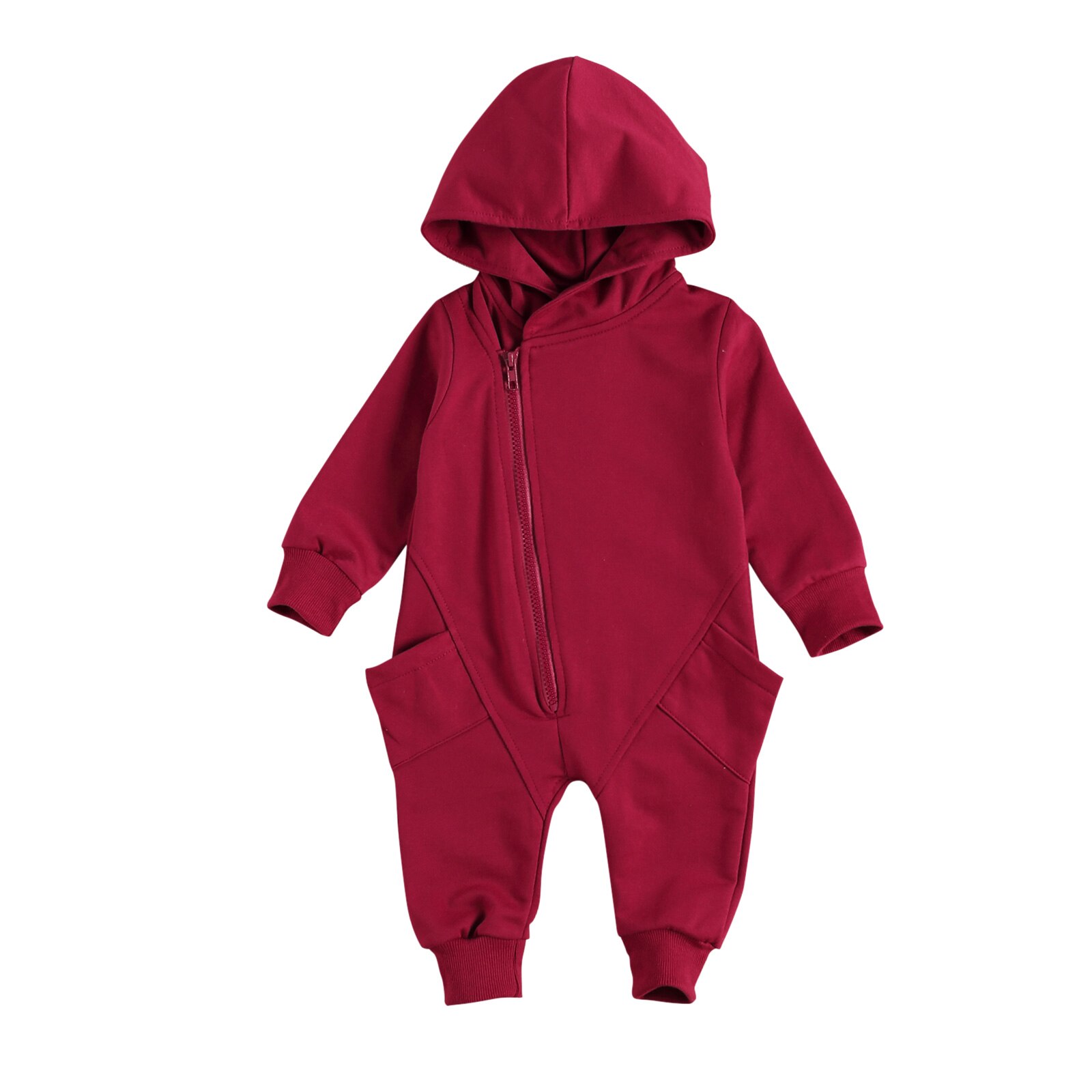 FOCUSNORM Autumn Winter Infant Baby Girls Boys Rompers Solid Pocket Long Sleeve Zipper Hooded Jumpsuits 2 Colors 0-24M: Red / 12M