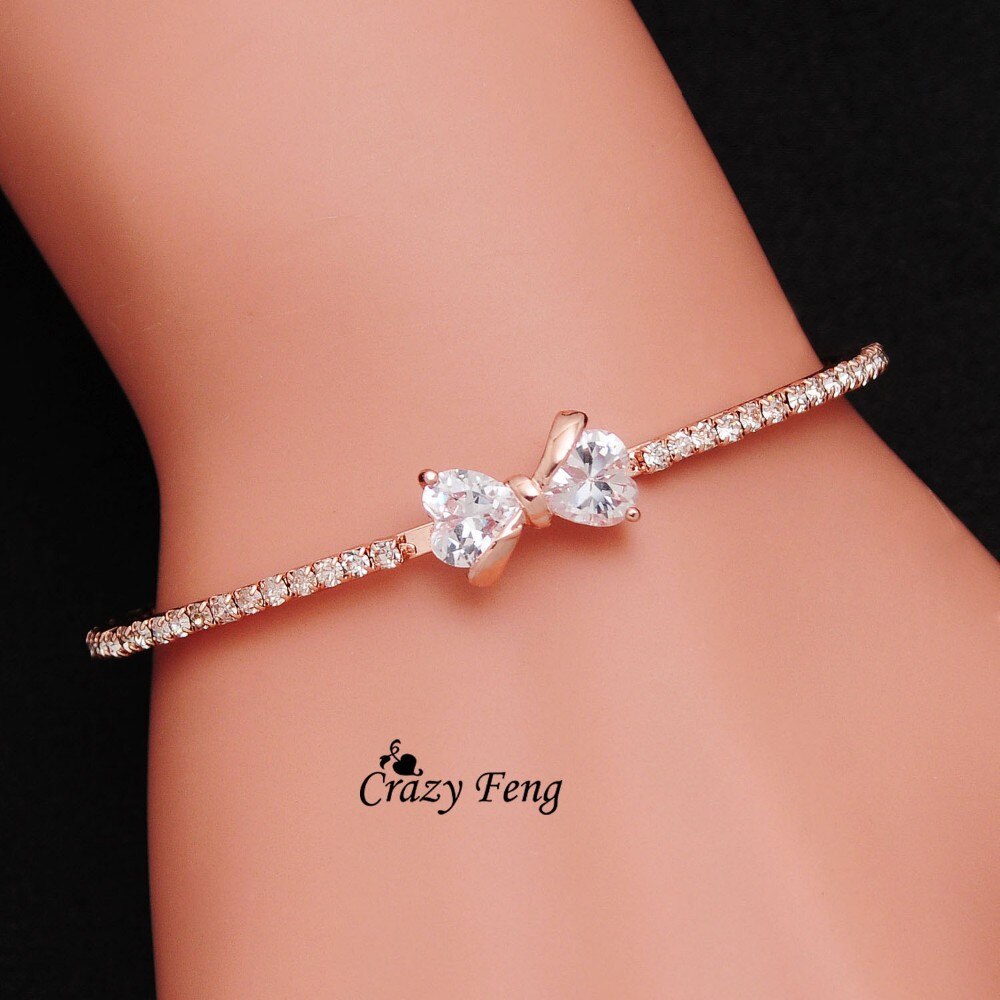 CZ Crystal Bowknot Charms Bracelets & Bangles for Women Rose Gold Color Wedding Party Bangles Jewelry pulseira feminina