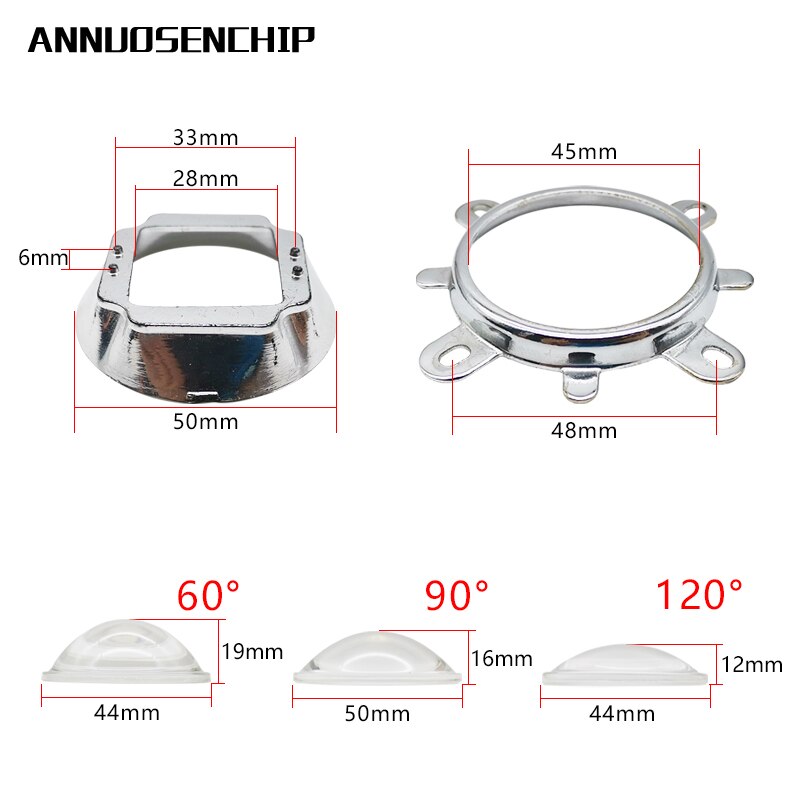 1 ensemble 60 90 120 degrés LED lentille verre optique 44mm réflecteur collimateur support fixe pour 20W 30W 50W 100W haute puissance COB puce