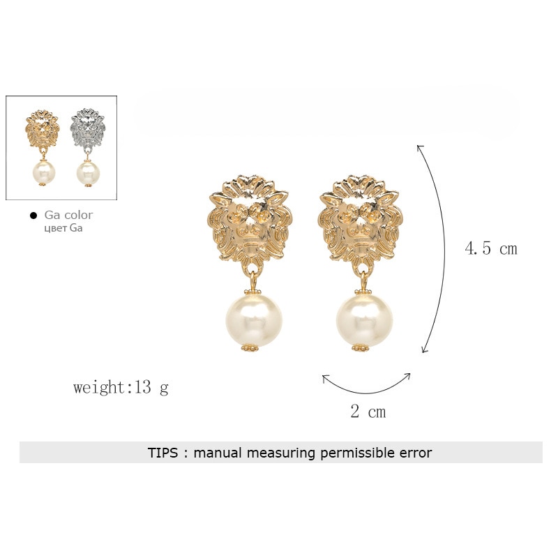 Vintage Lion Head Pearl Earrings for Women Trendy Gold Lion Head Big Dangle Earring Metal Baroque Ear Jewelry