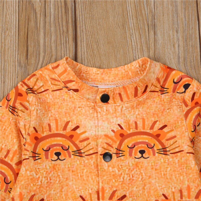 Infant Two-Piece Clothes Toddler Baby Boy Girl Set Orange Lion Printed Pattern Round Collar Jumpsuit+Cap Footies spring
