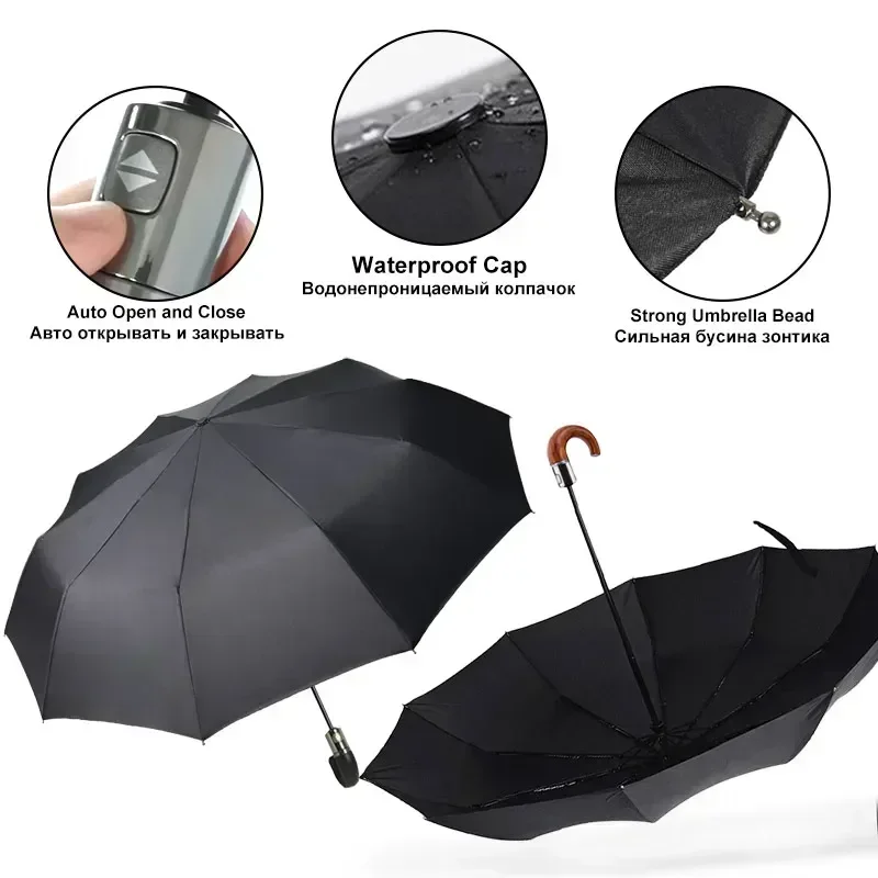 British Leather Handle Umbrella Men Automatic Business 10Ribs Strong Windproof 3 Folding Big Umbrella Rain Woman Parasol
