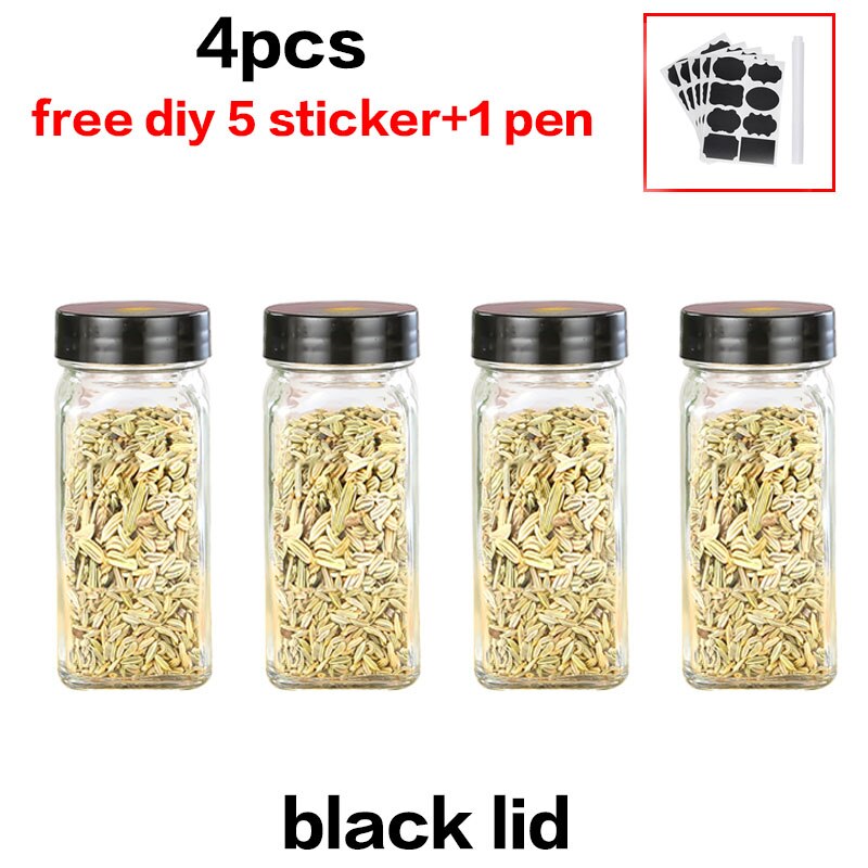 8pcs Lid Condiment Pot Seasoning Bottle Glass Kitchen Supplies And Materials Saltcellar Canister Set DIY Sticker Glass Spice Jar: 4pcs B