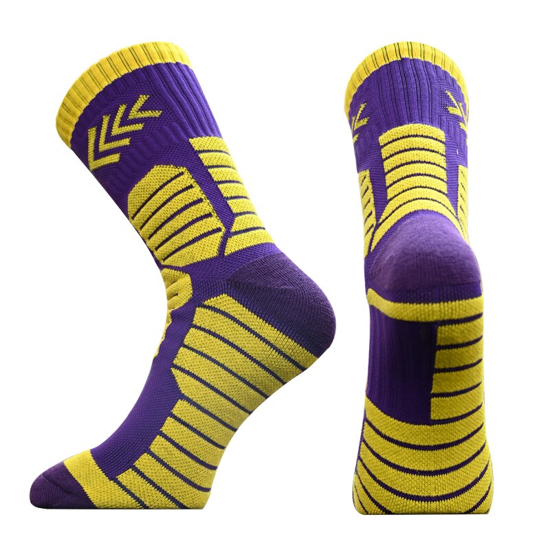 1 Pair Newest Compression Socks Thickened Towel Bottom Basketball Socks Middle calcetines Cycling Sports Socks: Purple Yellow