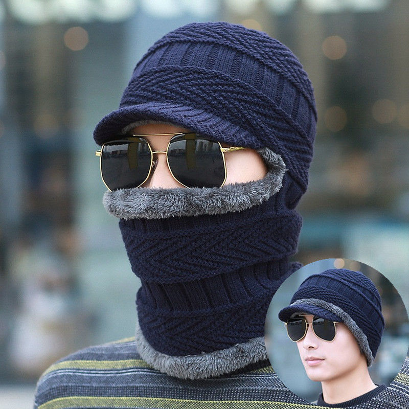 Fortykkelse strikket uldhue mænd vinter hat holde varm motorhjelm balaclava ansigtsmaske hatte kvinder beanie dobbelt brug hat & tørklæde: Blå