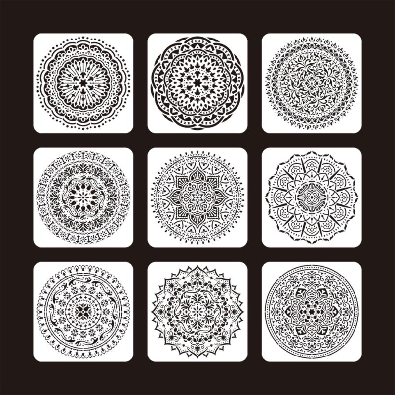 9pcs/set Mandala Stencil Drawing Template for Tile Floor Painting Board DIY Album Scrapbooking Decor
