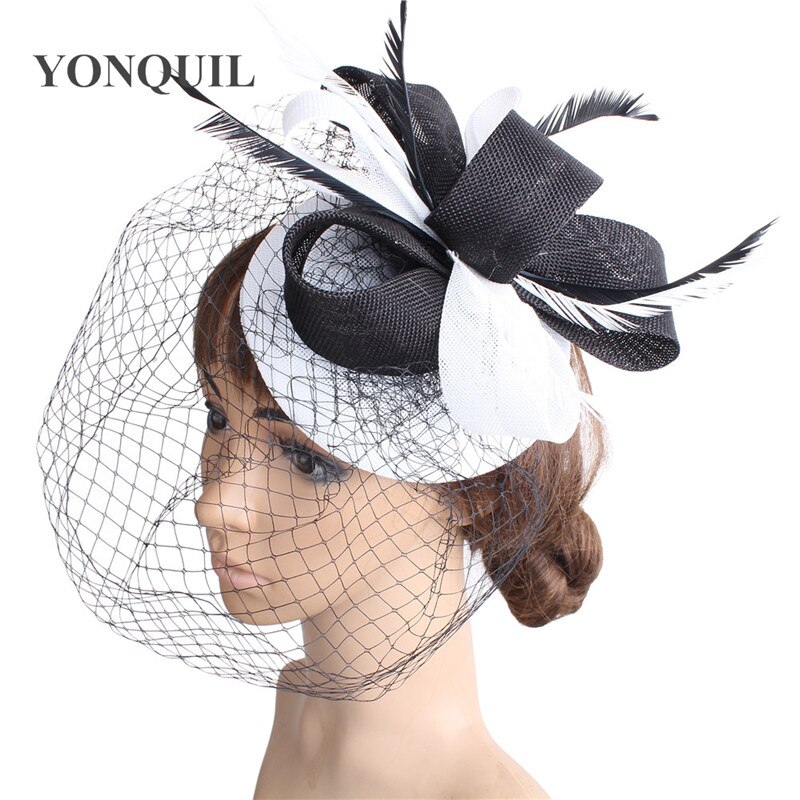 Roze veren bruidshoeden fascinators kerk bruidshoed met vogelkooinet gezichtssluier feest cocktailhoed voor vrouwen dame: Wit zwart