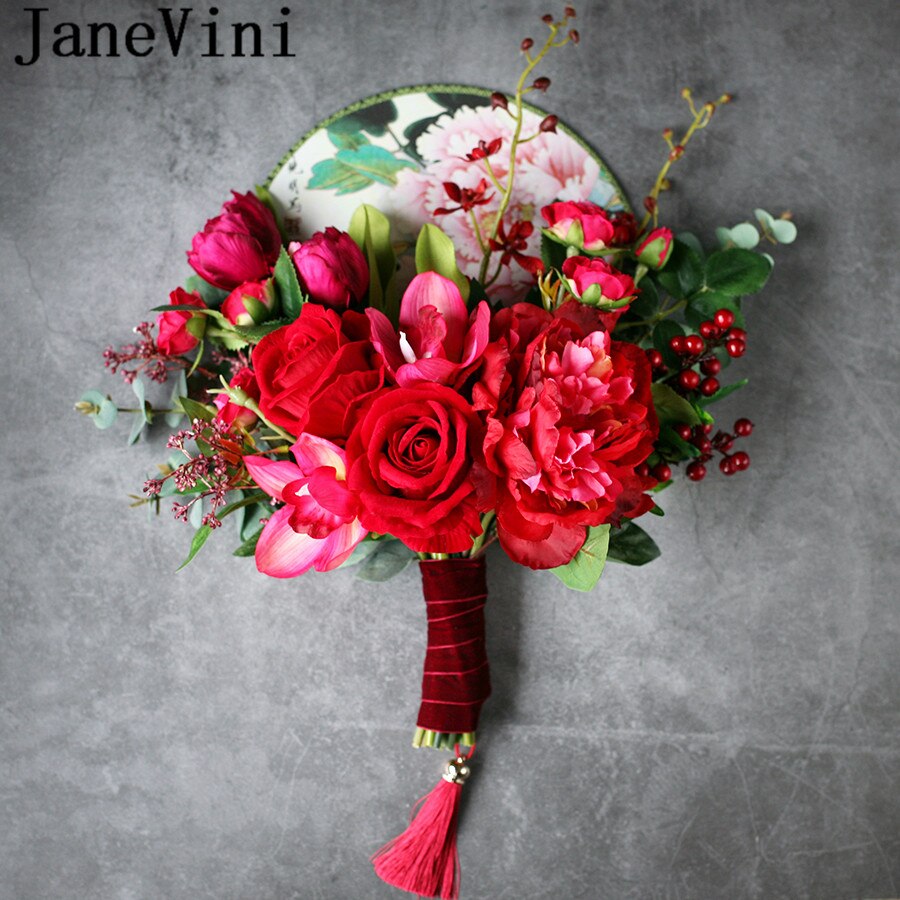 JaneVini Chinese Style Bridal Fan Handmade Red Rose Bride Wedding Bouquet Artificial Catwalk Holding Flowers Round Palace Fans