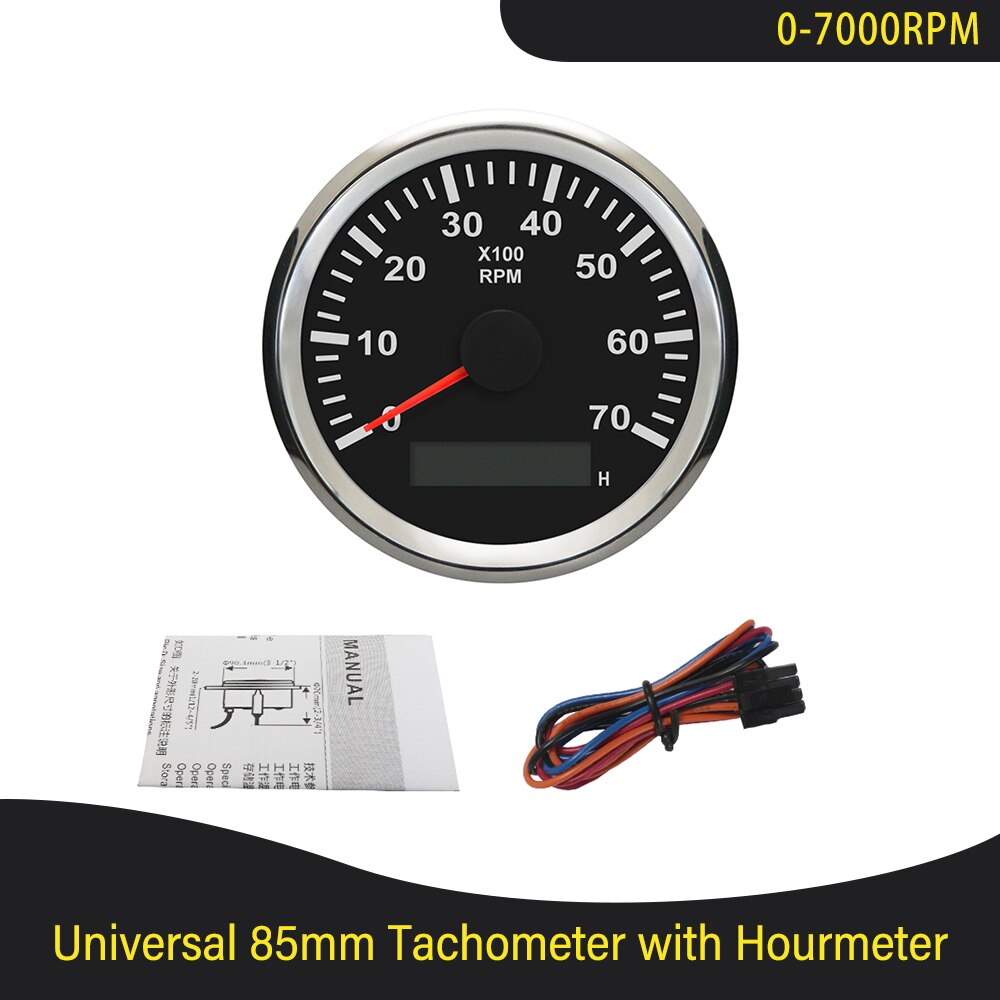 85mm Diesel Engine Tachometer with Digital Hourmeter 3K 4K 6K 7K 8K RPM for Marine Car Truck 9-32V with Red Backlight 12V 24V: 7K-BS