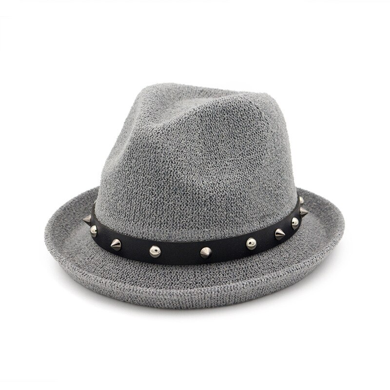 Buttermere fedora hoed dames klinknagel effen beige trilby hoed jazz hoed casual lus garen zomer herfst vrouwelijke punk rock pet: Grijs