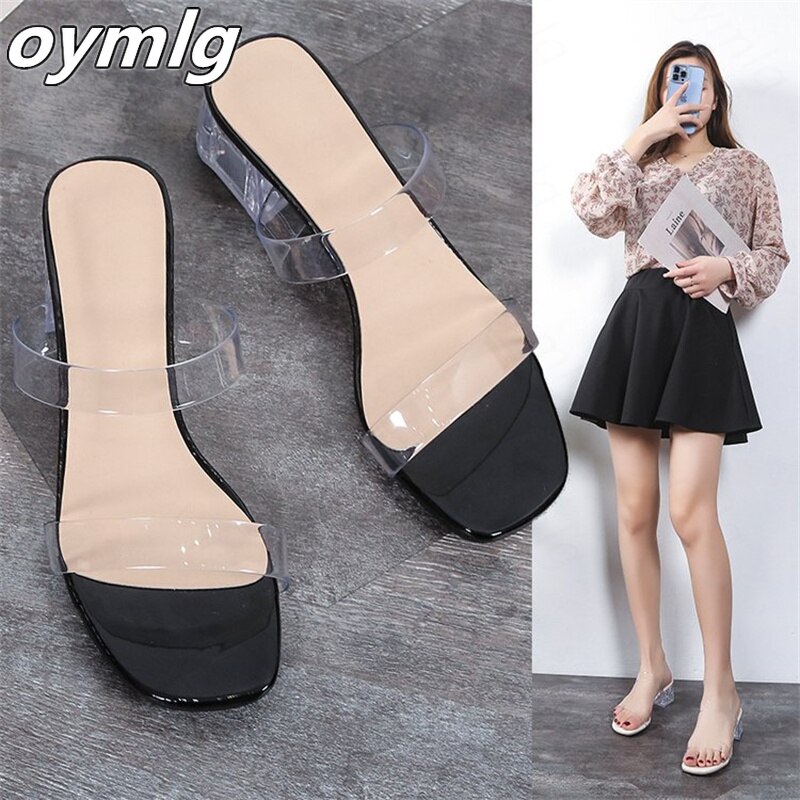 Sandalias de tacón de cristal para mujer, calzado con cabeza cuadrada, tacón medio grueso, cinturón transparente, estilo Hada, novedad de verano 2022