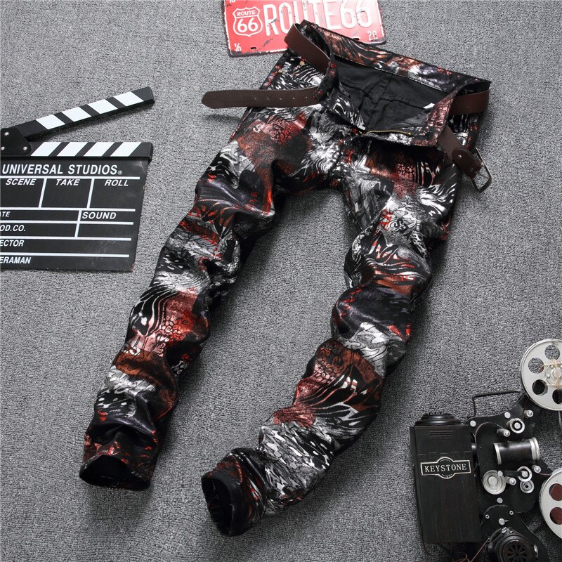 Brand 3D Printed Jeans Men Classic Slin Fit Denim Mens Jeans Elastic Biker Men Jeans
