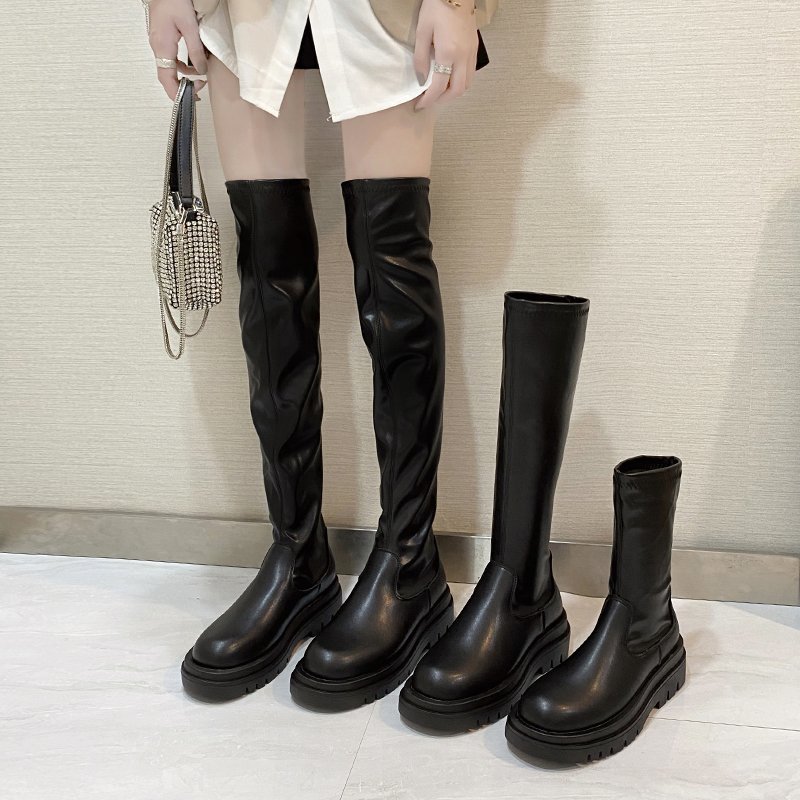 Chunky Platform Leather Knee High Boots Women Thick Bottom Long Boots Goth Boots Chelsea Style Slim Thigh High Boots