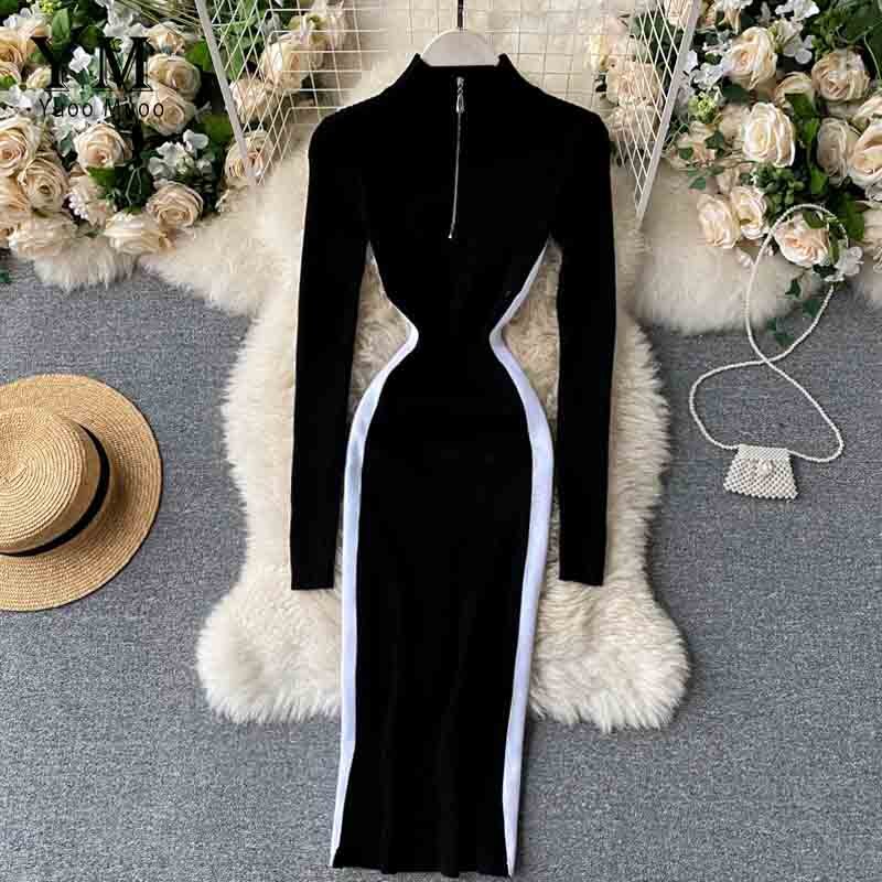 YuooMuoo Autumn Winter Women Sweater Dress Zipper Collar Long Sleeve Casual Knitted Bodycon Dress Slim Stretchy Ladies Dresses: Black