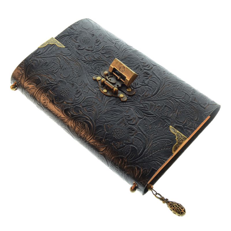 Embossed Pattern Soft Leather Travel Notebook with lock Key Diary Notepad Kraft X6HB: Black