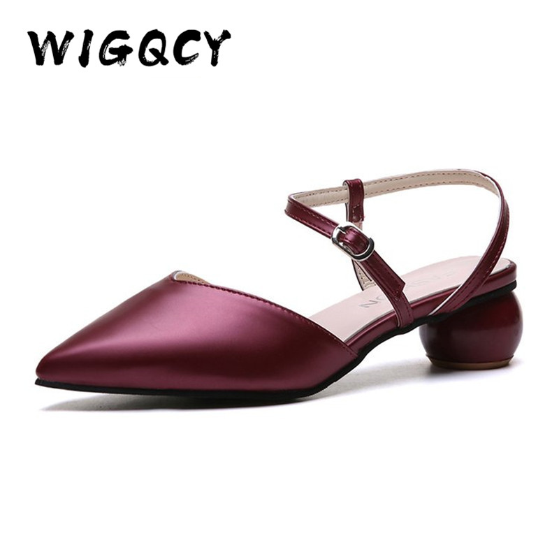 Leren puntige sandalen dames lente zomer schoenen dames gesp band ronde hak pumps ribband feest dames schoenen