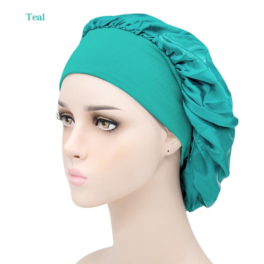 Gorro de descanso de ala ancha de satén para mujer, gorro de dormir para el cuidado del cabello, gorro de noche, Unisex, gorro de ducha, envoltura de cabeza de seda: teal