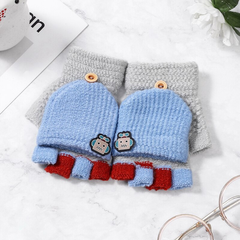 5-12 Years Winter Kids Warm Gloves Children Knitted Stretch Mittens Boy Girl Patchwork Elastic Fingerless Children Winter Gloves