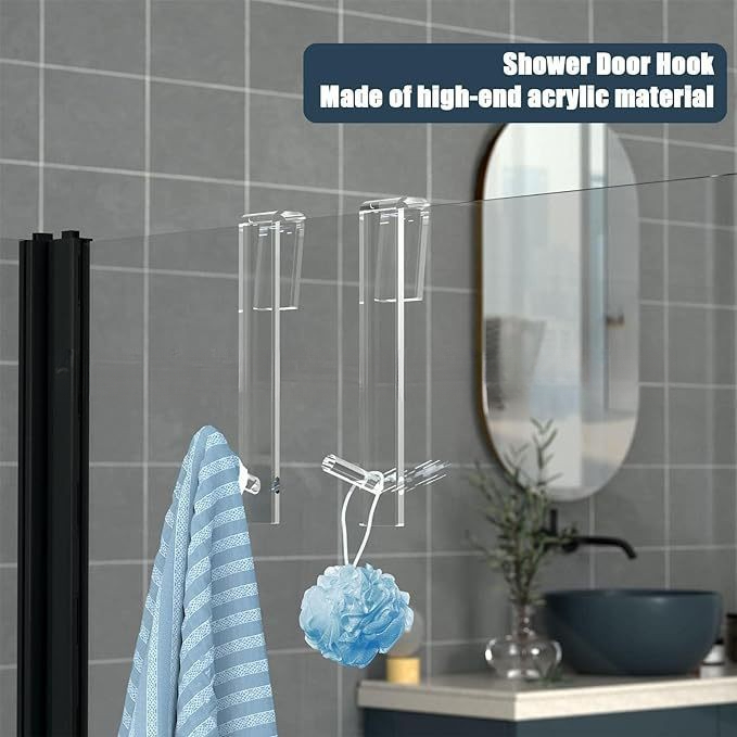 No-Drill Shower Door Hooks, Crystal Clear Over-Glass Bathroom Organizer for Towels/Robes/Shower Accessories Rust-Proof Hook Rack: Light Grey