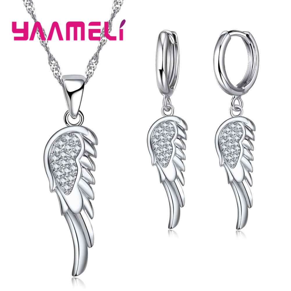 Angle aile 925 en argent Sterling pendentifs collier balancent boucles d'oreilles ensemble pour mariage femmes CZ Zircon fiançailles bijoux ensembles