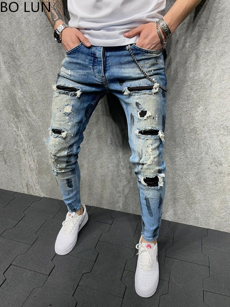 HUNGSON Men's Stretch Ripped Skinny Biker Jeans Taped Slim Fit Denim Pants, black and grey