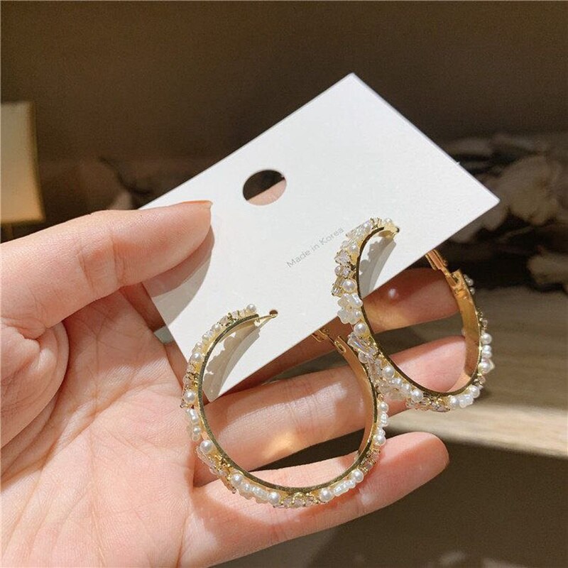 MENGJIQIAO Korean Shell Flower Circle Hoop Earrings For Women Cute Zircon Pearl Boucle d'oreille Jewelry