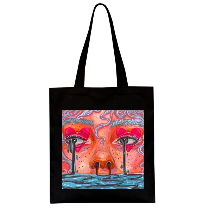 Cartoon Harajuku print canvas bag gothic casual large-capacity shopper bags Hip-hop punk Vintage Y2K women shoulder bag: Black