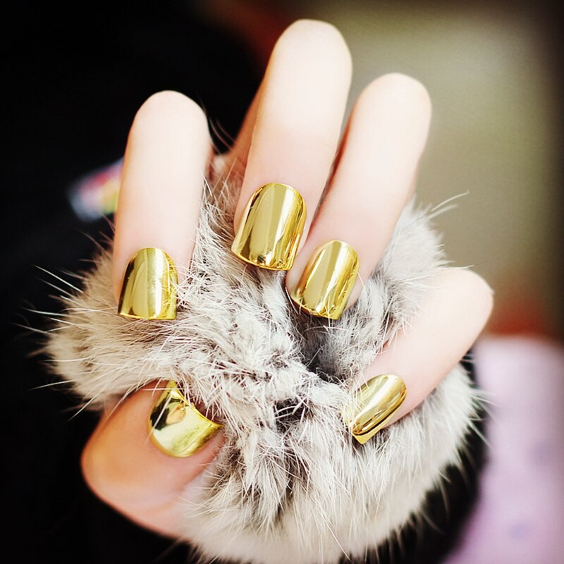 Sexy False Metallic Nails Tips Acrylic Mirror Shining Surface Gold 24pcs Short Hand Nails