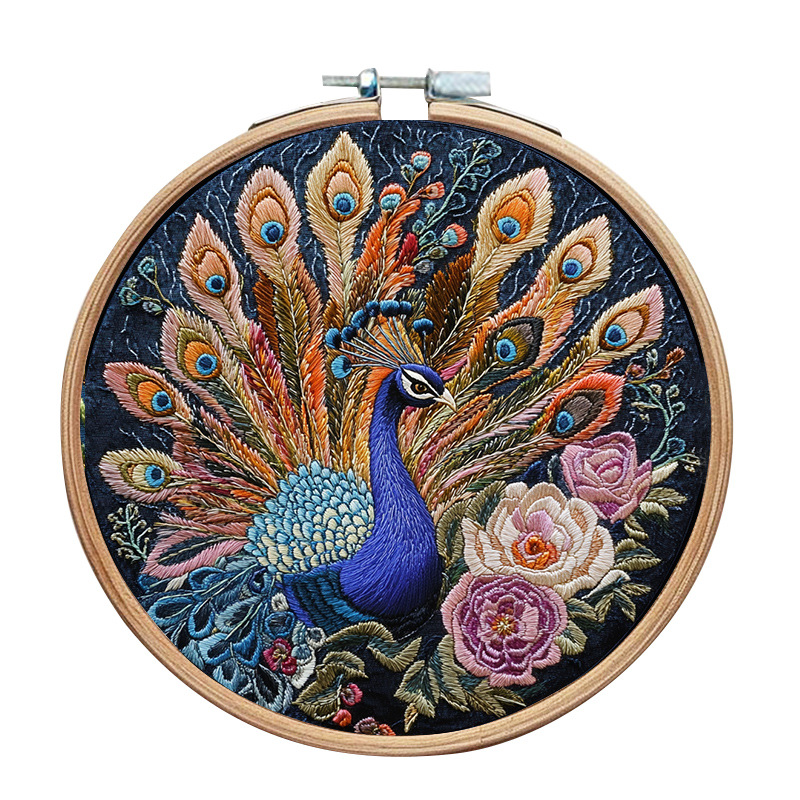 Beautiful Peacock Embroidery Kit DIY Simple English for Women to Learn Handicrafts Home Decoration: 20*30cm / Burgundy