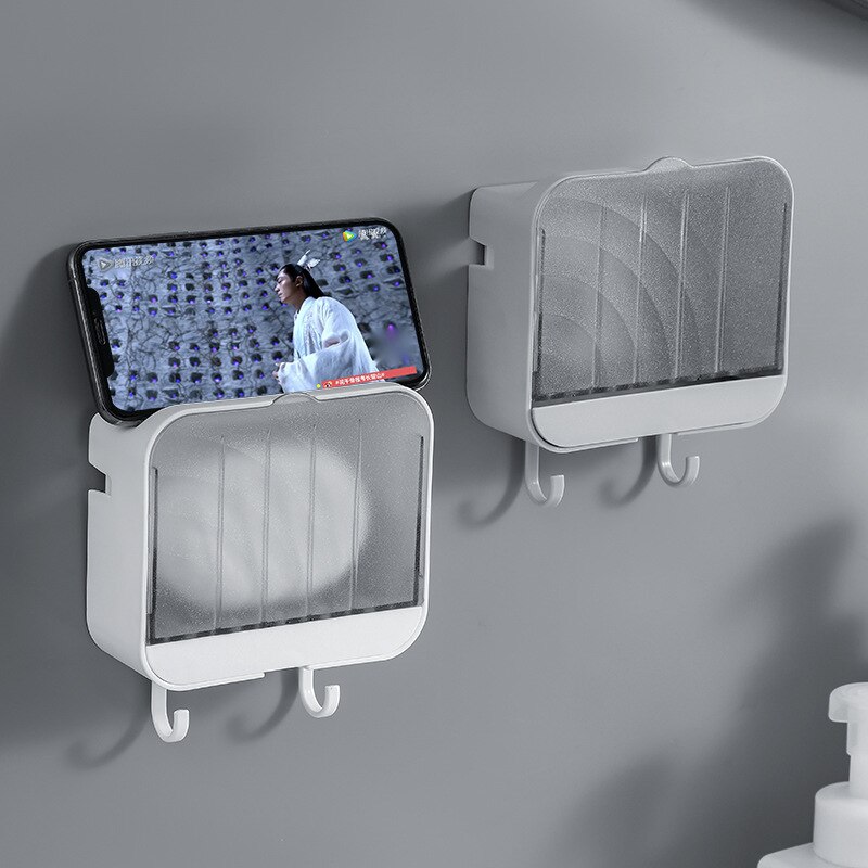 1PC Vertical Soap Box With Dust Cover Bathroom Nail Free Wall Mounted Soap Storage Rack With Hooks Plastic Soap Holder