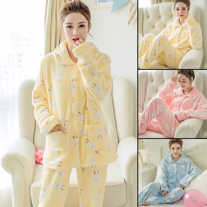 Women's Flannel Pajamas Set Casual Long Sleeve Fleece Cardigan Warming Sleepwear for Autumn Winter SEC88