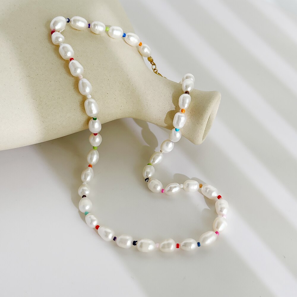 Peri'sbox Pearl Necklace - Rainbow Acrylic Beads & Baroque Freshwater Pearls - Summer Beach Choker for Women: Big pearl