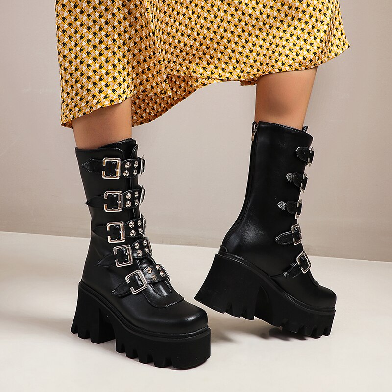 Botas de plataforma estilo gótico Punk para mujer, zapatos de media pantorrilla con cuña y cremallera, botas militares de combate, para invierno, con correa de Hebilla negra