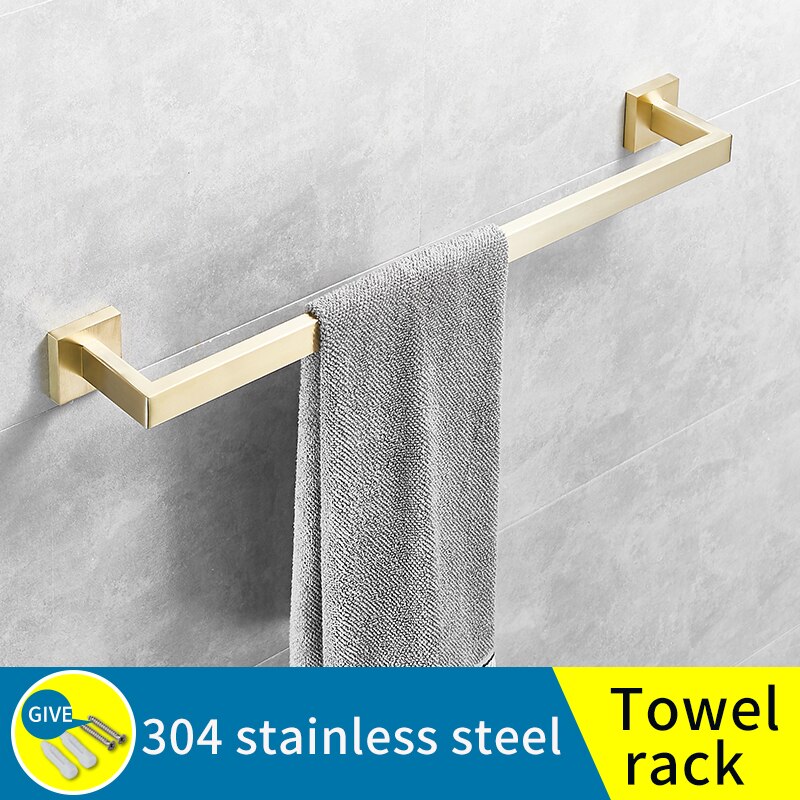 Håndklædeholder til badeværelset rustfrit stål gyldent vægmonteret håndklædestativ toiletpapirholder tøjkrog håndklæde firkantet ring: Enkelt håndklædestang