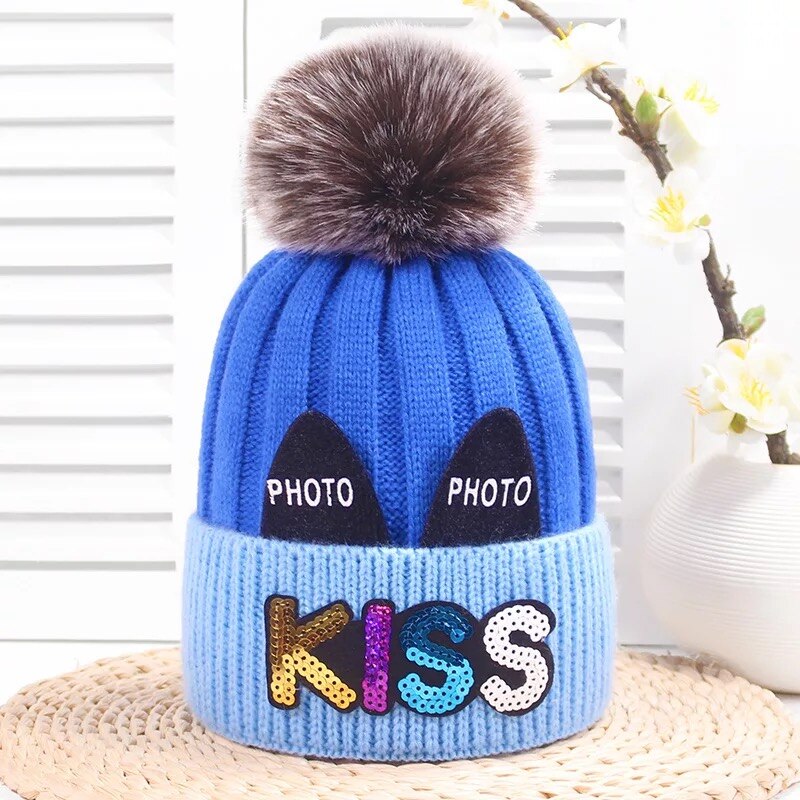 Søde børnehatte til efterår og vinter varme polstrede ordhatte kys kat stil hatte til drenge og piger babyhat: Lyseblå