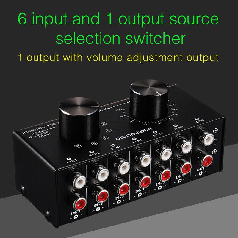 Conmutador de 6 entradas y 1 salida, Selector de fuente de Audio RCA, Selector de señal de entrada de Audio con ajuste de volumen