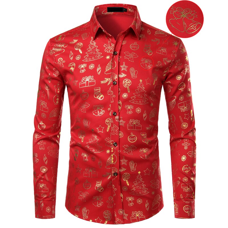 Noir noël chemise homme drôle De noël or imprimer hommes robe chemises décontracté fête bal chemise pour hommes Camisa De Navidad: Red / US Size XL