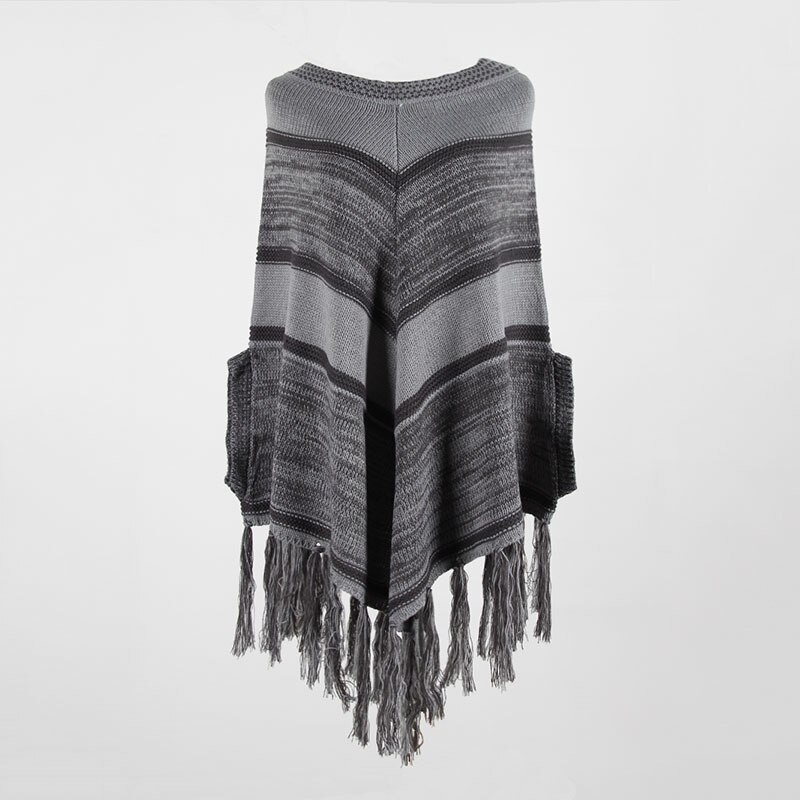 Autumn winter strip Cloak shawl Pullover knitted sweaters women Fringed cloak shawl geometric color matching sweaters women: Gray