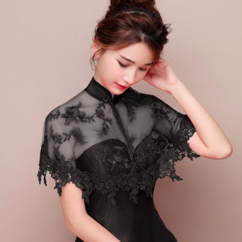Efterår tynde blonder højhalset bryllupstilbehør cheongsam bolero korte aftenkapper elfenben sorte røde jakker kvinder wrap: Sort