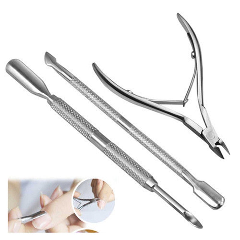 3 Pcs Rvs Nail Tool Schop Cuticle Nipper Spoon Pusher Remover Cutter Clipper Manicure Nail