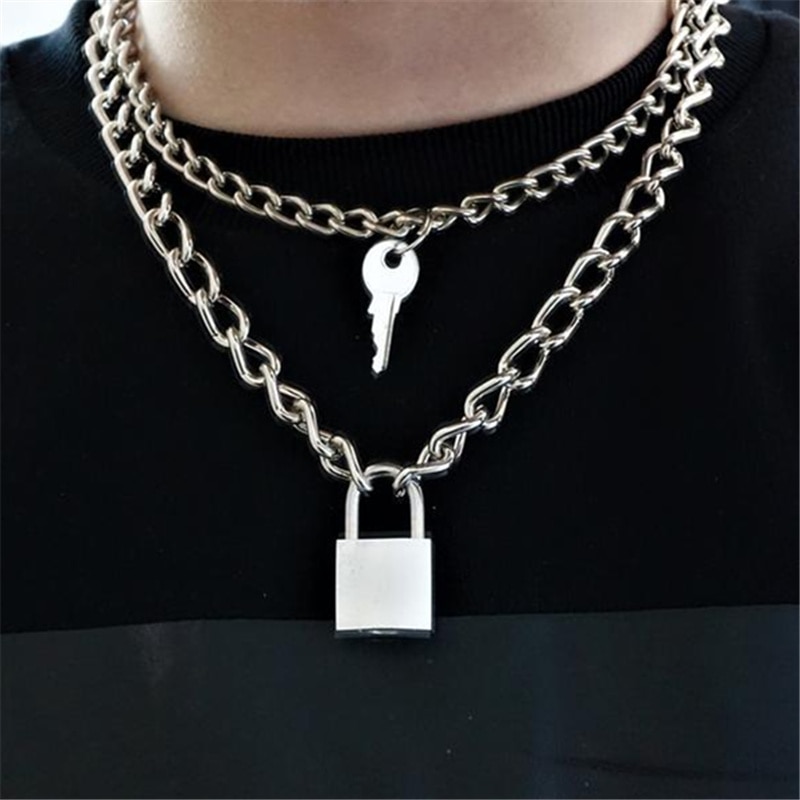 Vintage Key Lock Anhänger Halskette für Frauen Cuban Link Kette Layered Halskette Collier Erklärung Schmuck Valentinstag