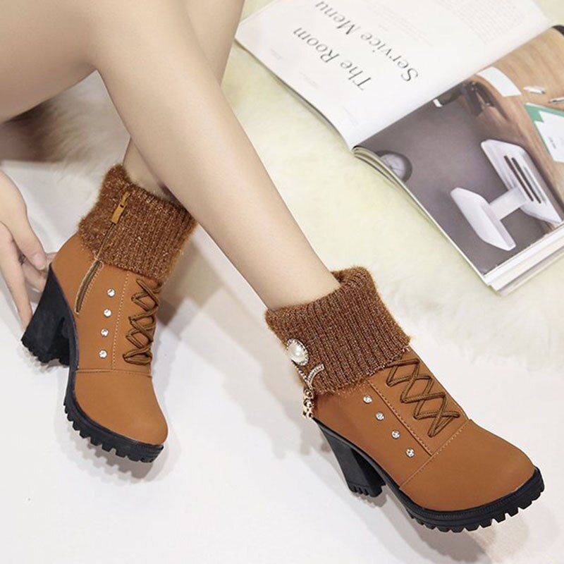 Herfst winter warme korte pluche laarzen dames parel kristal vierkante hakken enkellaarsjes vrouw patchwork gebreide laarsjes