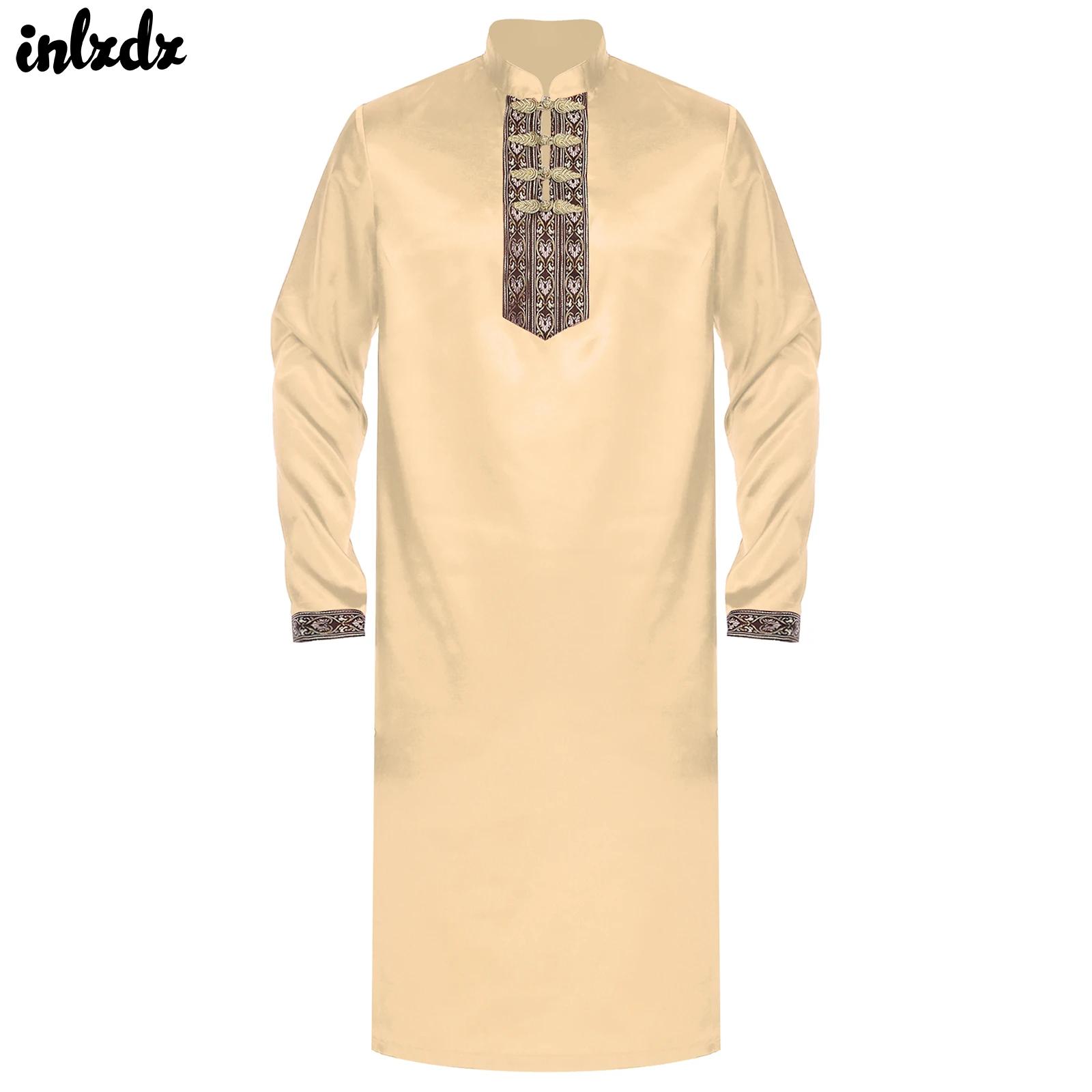 Robe musulmane pour hommes, vêtements de prière indiens Thobe, en Satin brodé, boutons de nœud Kurta, fente latérale, Costume traditionnel de Festival